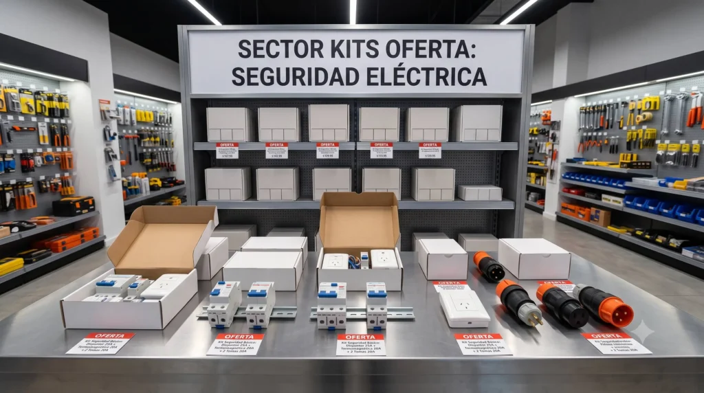 Seguridad eléctrica en el hogar: Guía de 0 a 100 para generar clientes informados 1 Mostrador metálico de ferretería con exhibición de kits de seguridad eléctrica en el hogar con disyuntor, termomagnética y tomacorrientes de 20A sin marcas.