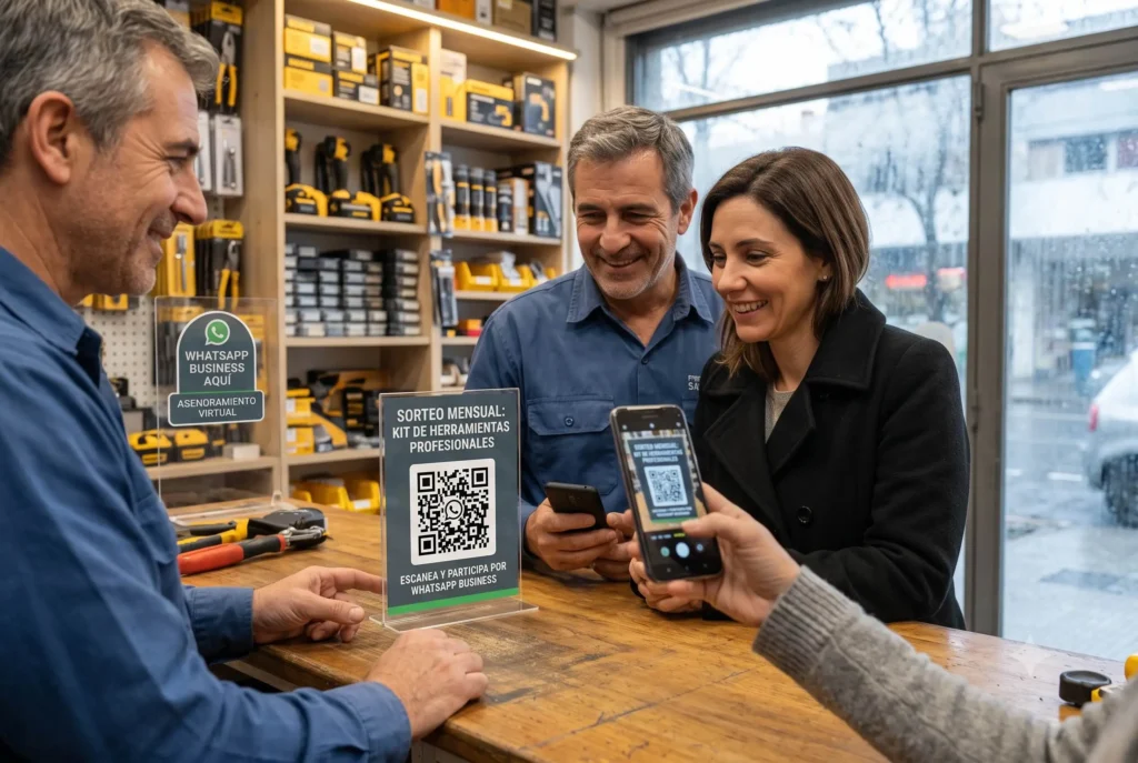 Cliente escaneando un código QR en el mostrador de una ferretería para participar de un sorteo a través de WhatsApp Business