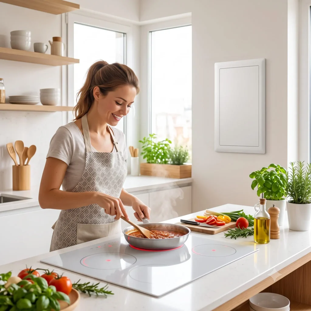 Mujer cocinando de forma segura en una cocina limpia y moderna con anafe eléctrico y un tablero de distribución cerrado visible en la pared que se ve la seguridad eléctrica en el hogar.