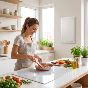 NOVEDADES 29 Mujer cocinando de forma segura en una cocina limpia y moderna con anafe eléctrico y un tablero de distribución cerrado visible en la pared que se ve la seguridad eléctrica en el hogar.
