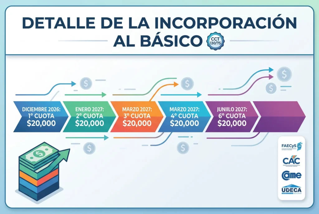 Infografía que detalla el cronograma del acuerdo salarial para empleados de comercio, mostrando la incorporación de sumas no remunerativas al sueldo básico entre diciembre 2026 y mayo 2027