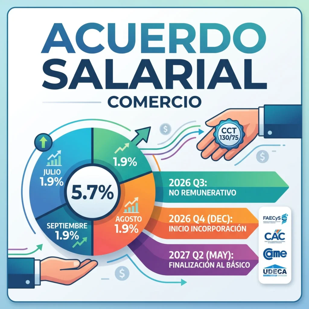 Infografía del acuerdo salarial de empleados de comercio para el trimestre julio-septiembre de 2026.