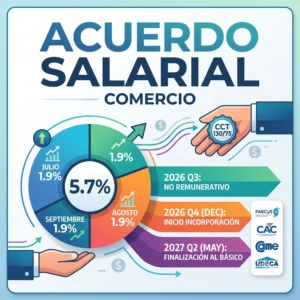 Revista Ferreteros 16 Infografía del acuerdo salarial de empleados de comercio para el trimestre julio-septiembre de 2026.