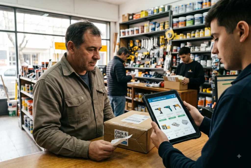 Preparación y empaque de pedidos en la trastienda de una ferretería impulsada por el crecimiento de la venta online.