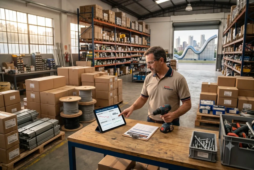 Un encargado de depósito ferretero consulta un análisis del mercado financiero en una tablet, rodeado de cajas de stock y herramientas, con gráficos de riesgo país y dólar visibles.