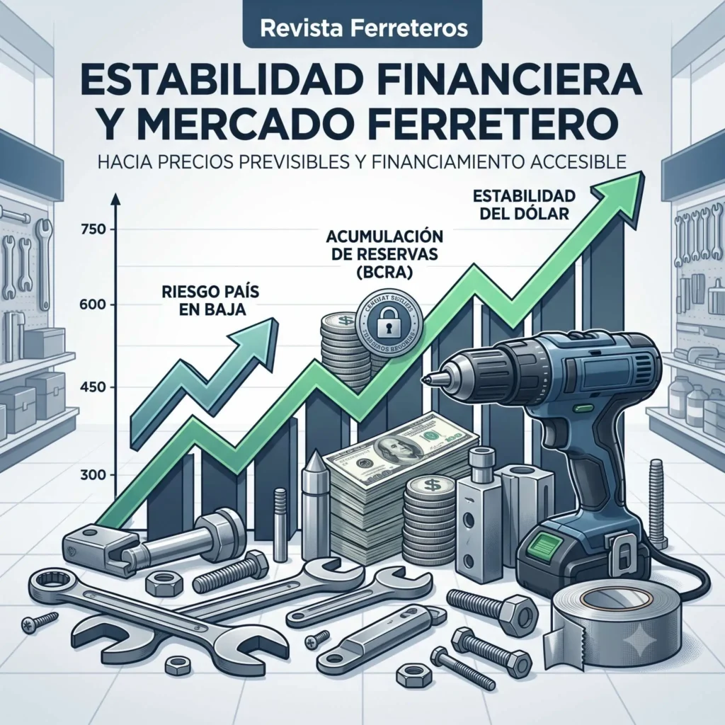 Ilustración sobre la estabilidad en el mercado financiero y su impacto directo en los precios ferreteros, la acumulación de reservas y la baja del riesgo país.
