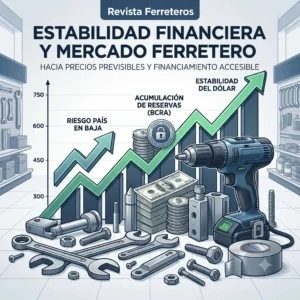 Revista Ferreteros 15 Ilustración sobre la estabilidad en el mercado financiero y su impacto directo en los precios ferreteros, la acumulación de reservas y la baja del riesgo país.