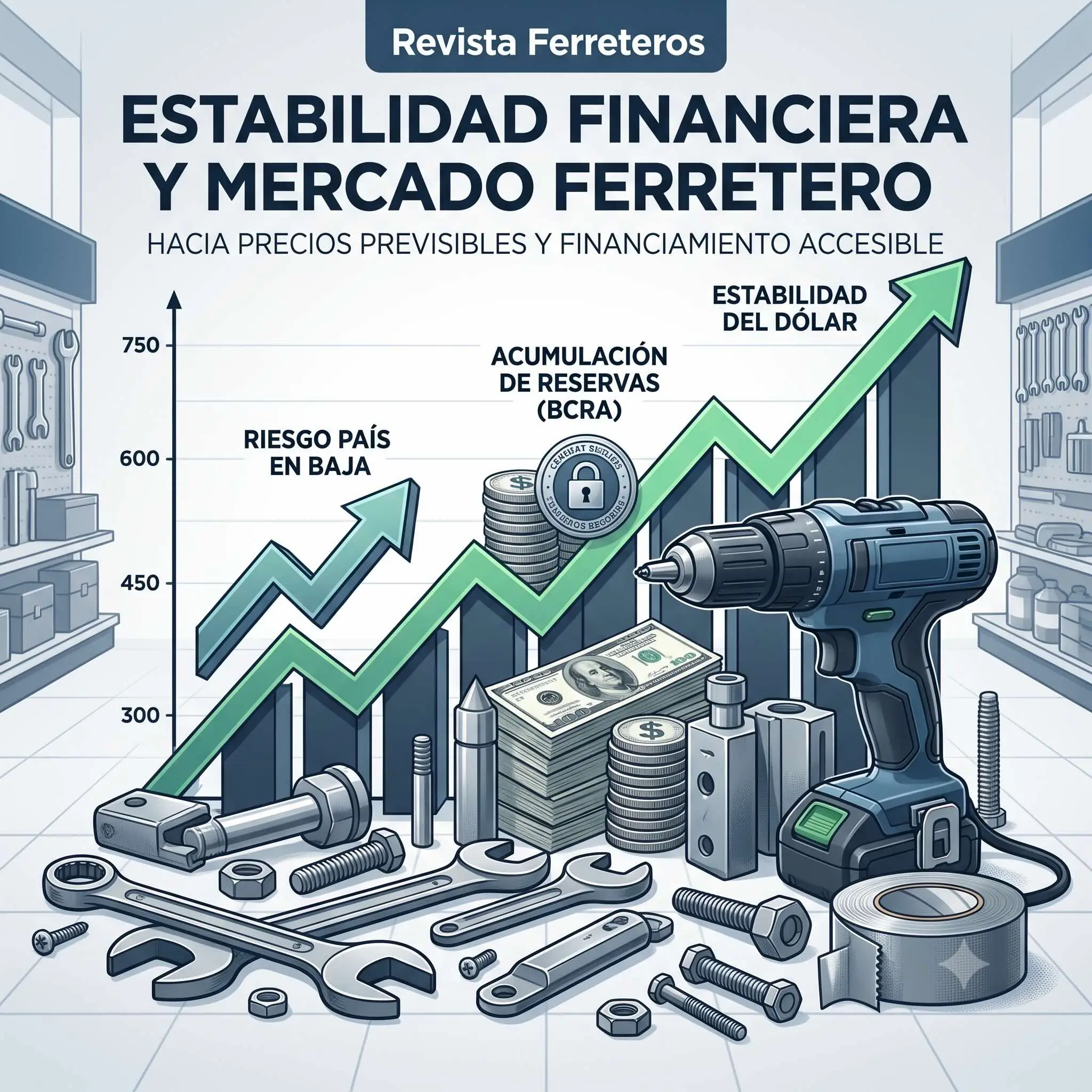 Ilustración sobre la estabilidad en el mercado financiero y su impacto directo en los precios ferreteros, la acumulación de reservas y la baja del riesgo país.