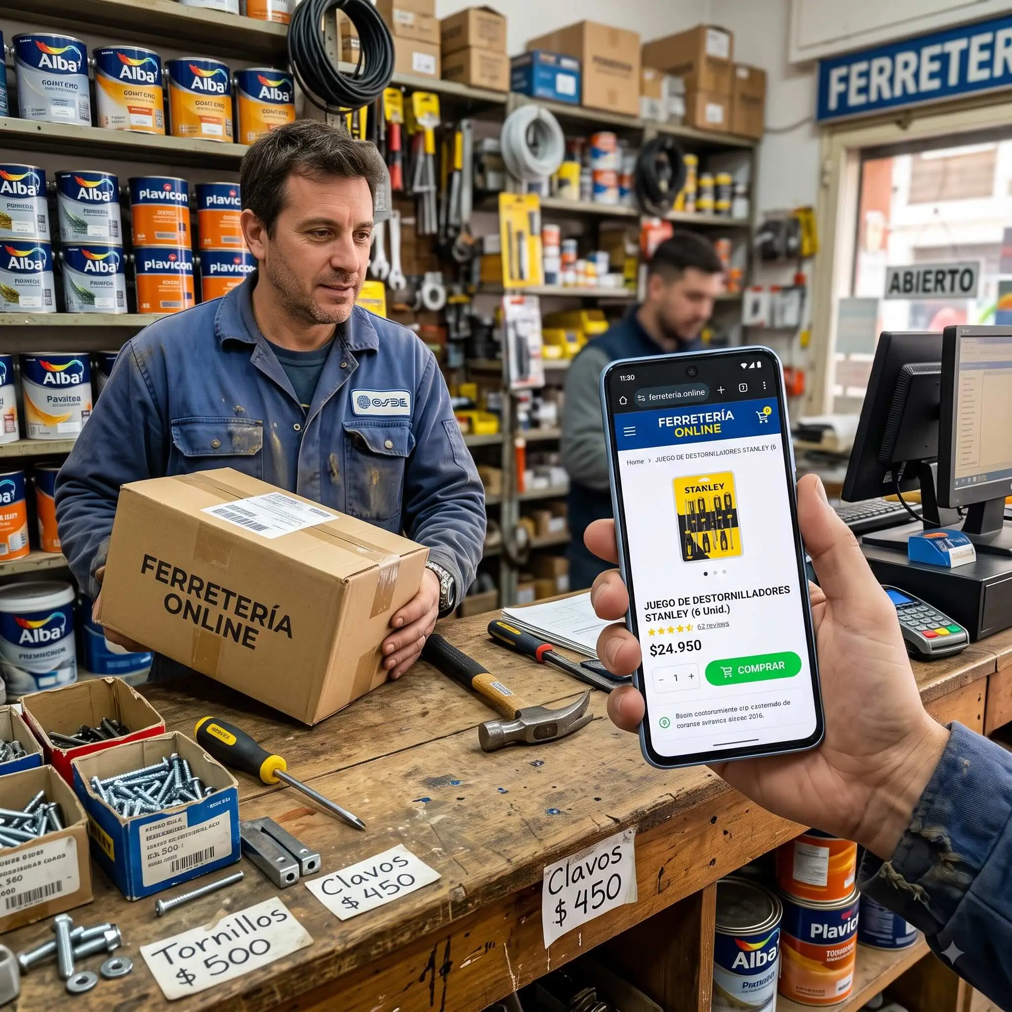: Atención al cliente en mostrador de ferretería con tablet mostrando la plataforma de venta online y paquete para retiro Click and Collect.