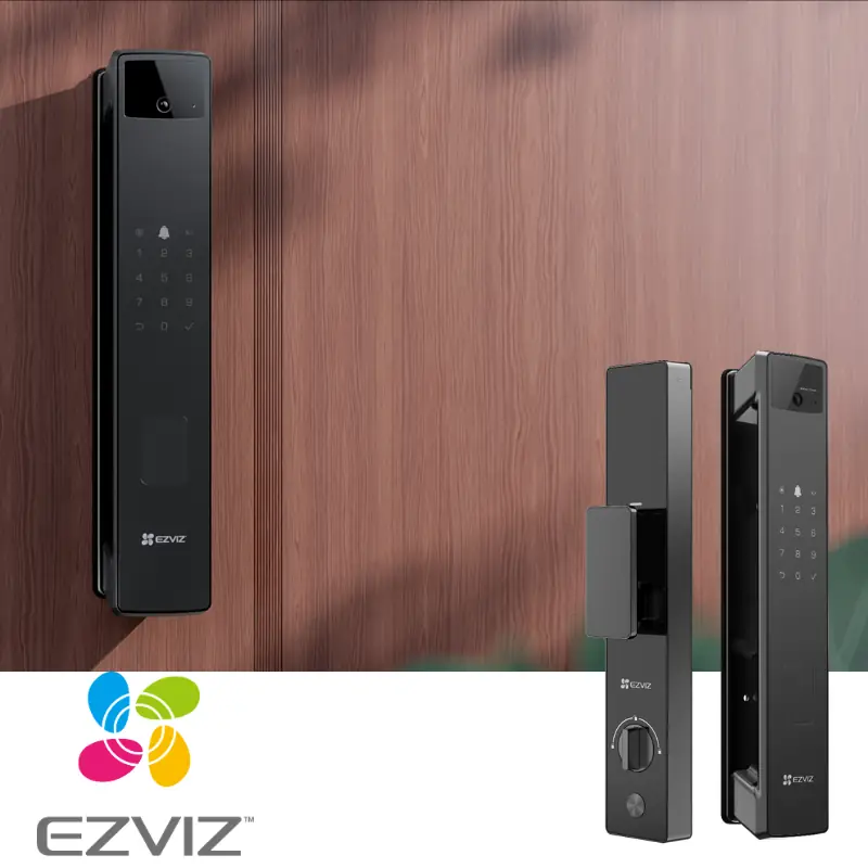 Modelo de cerradura unteligente Ezviz, sola y sobre pared de madera