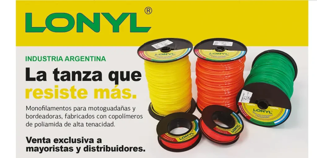 Lonyl: Calidad y tecnología en poliamidas, y un modelo comercial diseñado para potenciar a distribuidores y mayoristas. 1 Infografía con bobinas de tanza Lonyl destacando su fabricación en 100% poliamida, alta tenacidad y resistencia al desgaste.
