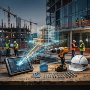Revista Ferreteros 14 Herramientas profesionales de ferretería junto a una tablet que proyecta un modelo 3D holográfico en una obra de construcción inteligente con inteligencia artificial.