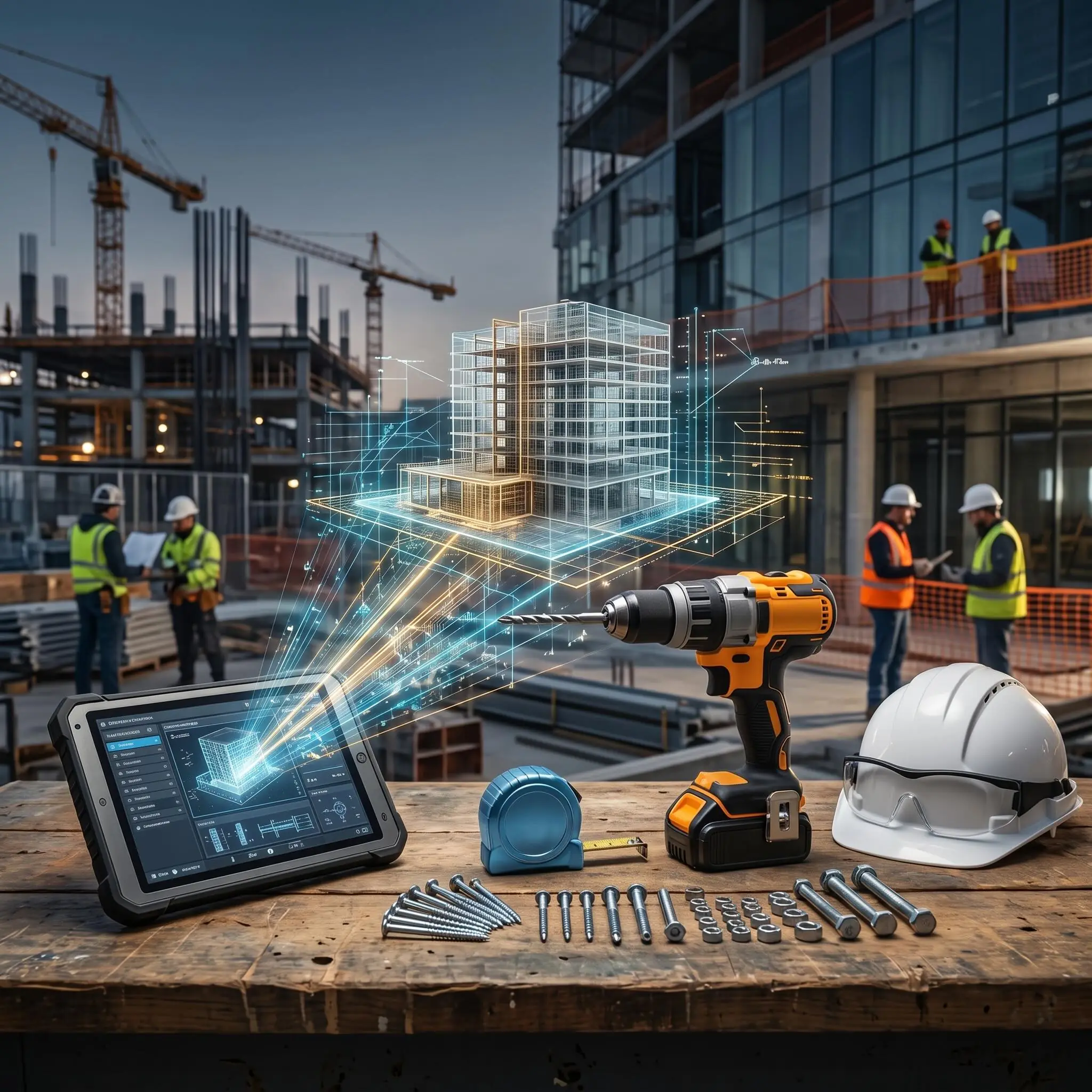 Herramientas profesionales de ferretería junto a una tablet que proyecta un modelo 3D holográfico en una obra de construcción inteligente con inteligencia artificial.