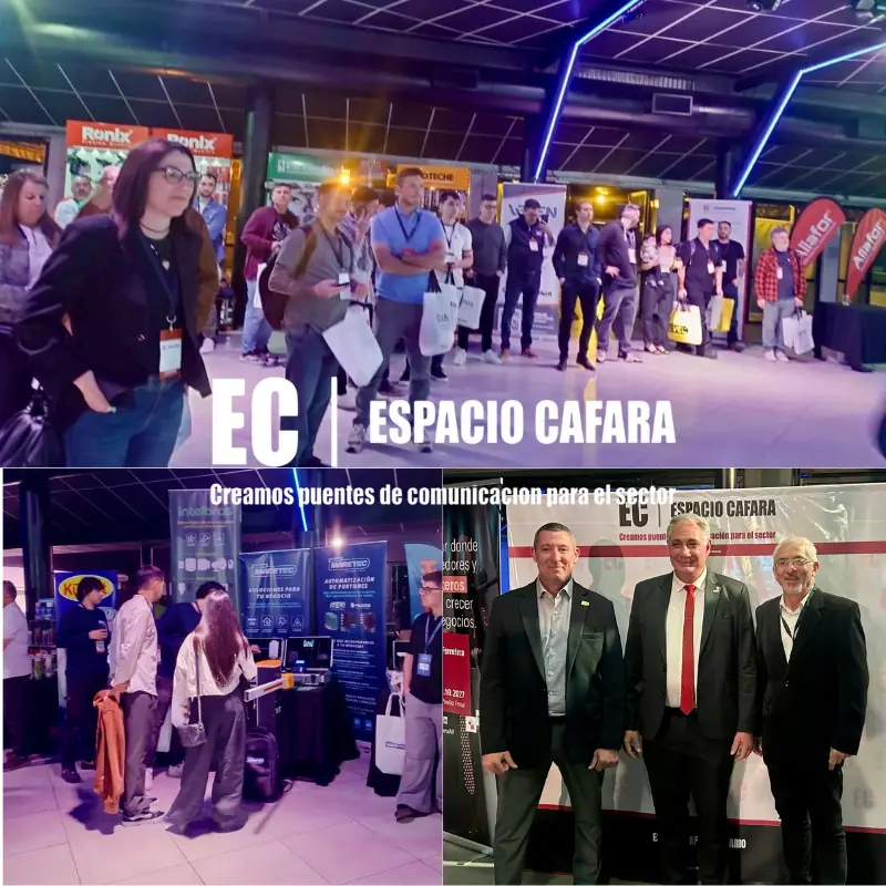 Collage de fotos de Espacio CAFARA en Rosario con ferreteros recorriendo los stands y dialogando con proveedores en el Centro Castilla