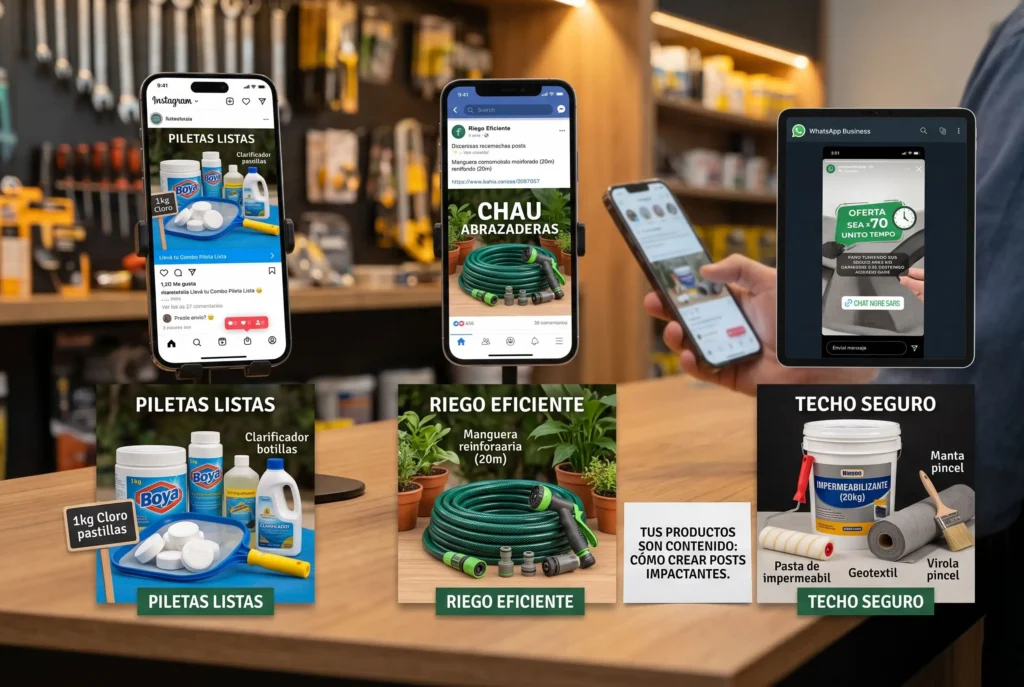 Sector ferretero: 4 Claves para la transición hacia la temporada primavera-verano 1 Estrategias de redes sociales para el sector ferretero con publicaciones de combos comerciales en teléfonos sobre el mostrador