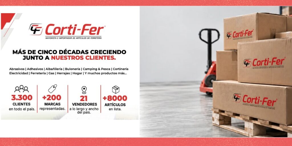 Parte del deposito de Corti-Fer con cajas en pallet y servicioes que brinda la empresa