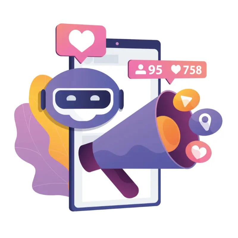 Imagenes saliendo de un selular de magáfonos, likes, seguidores relacionadas a la IA en ferreterías
