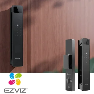 Modelo de cerradura unteligente Ezviz, sola y sobre pared de madera