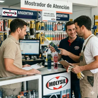 Fotografía de interior en el mostrador de atención de una ferretería 'MOLYSIL ARGENTINA', donde tres hombres interactúan. Un empleado con polo azul sonríe y señala un cartucho de sellador que sostiene un cliente en overoles. Un segundo empleado consulta una computadora. Letreros legibles en el fondo y colgando dicen 'Mostrador de Atención', 'MOLYSIL ARGENTINA para un sellado perfecto - Soluciones en Sellado' y 'EVITA RECLAMOS, FIDELIZA CLIENTES'. Cartuchos de sellador (incluyendo SILIKOTE) sobre el mostrador.