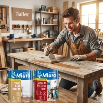 Primer plano de un carpintero aplicando barniz con brocha a una mesa de madera de estilo rústico en un taller bien equipado, con una lata de Miura Fondo y Esmalte en primer plano